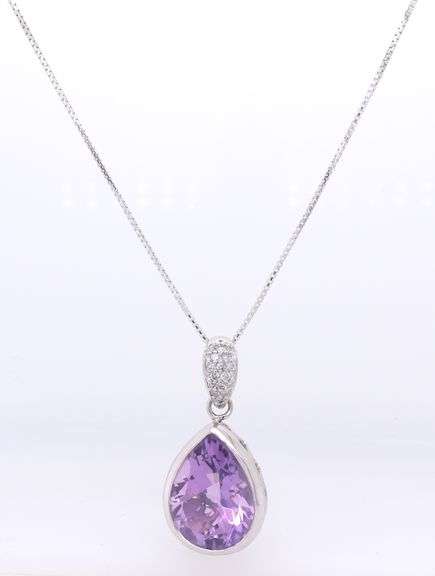 Pear Shaped Bezel Amethyst with Diamonds Pendant on Sterling Silver Chain