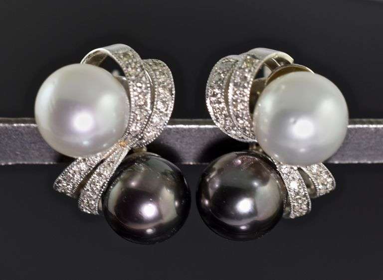 Dramatic Black and White South Sea Pearl 14K Earrings