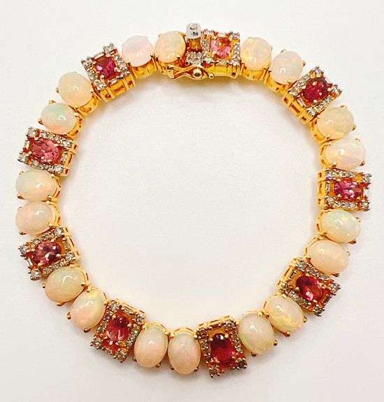 BEAUTIFUL PINK TOURMALINE, OPAL, & DIAMOND BRACELET- 30.0+CARATS!