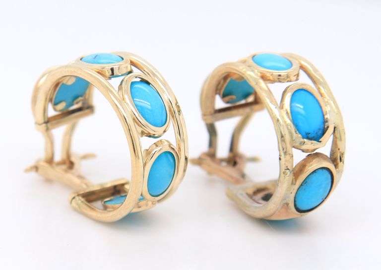 Attractive Yellow Gold oval Turquoise Bezel Set Hoop Earrings