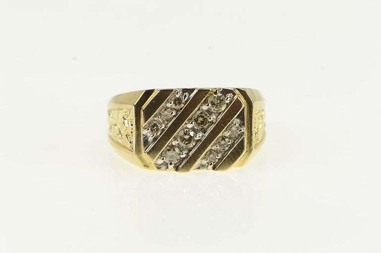 10K Yellow Gold Squared Men's Diamond Textured Nugget Ring