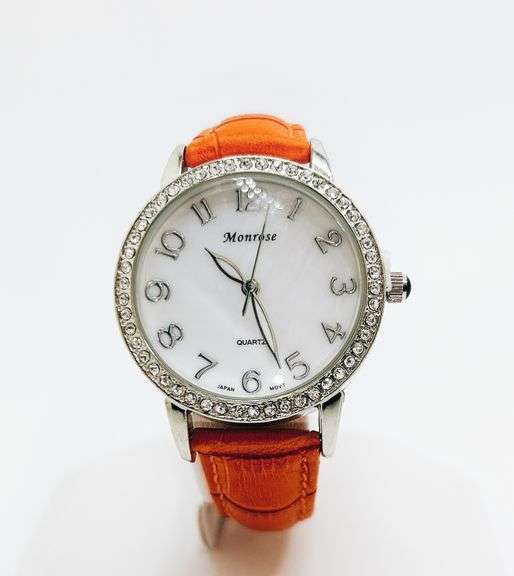 Beautiful Mother of Pearl & Gemstone Watch-Orange Genuine Leather Band