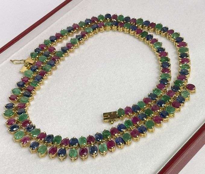 53.0+CARAT NATURAL RUBY, EMERALD, & BLUE SAPPHIRE NECKLACE IN 14KT SOLID YELLOW GOLD