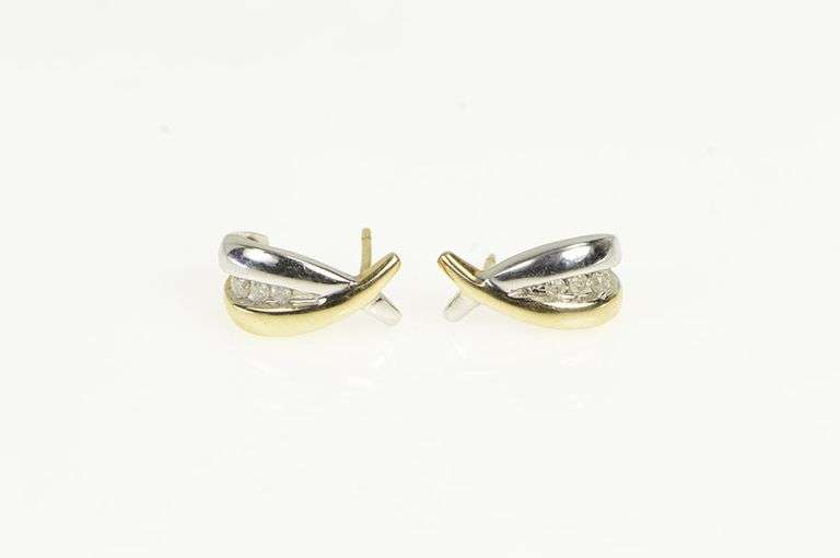10K Yellow Gold Two Tone Diamond X Semi Hoop Fashion Earrings