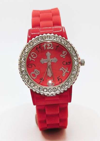 Fancy Pink Geneva Watch w/ Cross Graphic and Gemstones