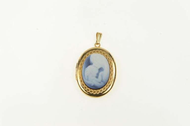 14K Yellow Gold Agate Mother & Child Photo Picture Locket Pendant