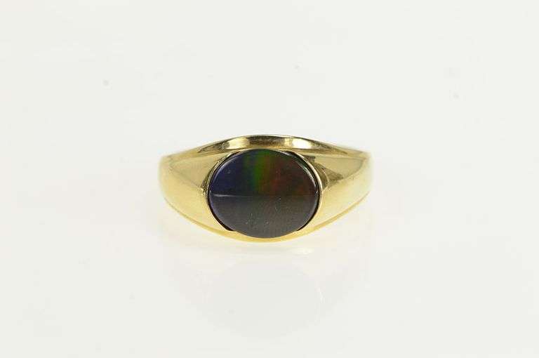 14K Yellow Gold Oval Ammolite Triplet Vintage Men's Retro Ring