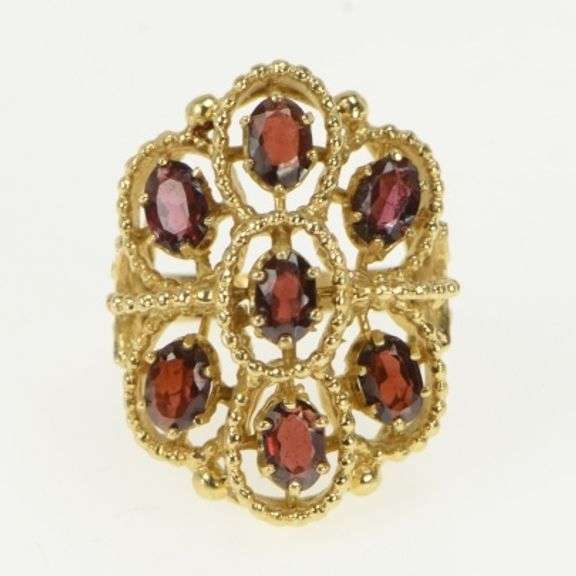 14K Yellow Gold Oval Garnet Filigree Statement Cocktail Ring