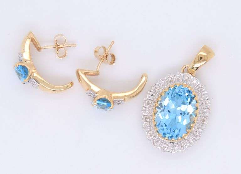 Blue Topaz and White Sapphire Pendant with Aquamarine and Sapphire Earrings