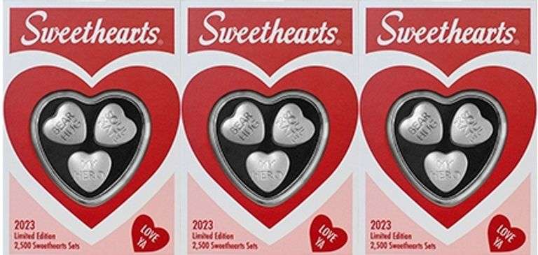 GROUP LOT OF 3x SWEETHEARTS CANDY PAMP SUISSE 3-HEART SET- 90.0 GRAMS OF .9999 FINE SILVER