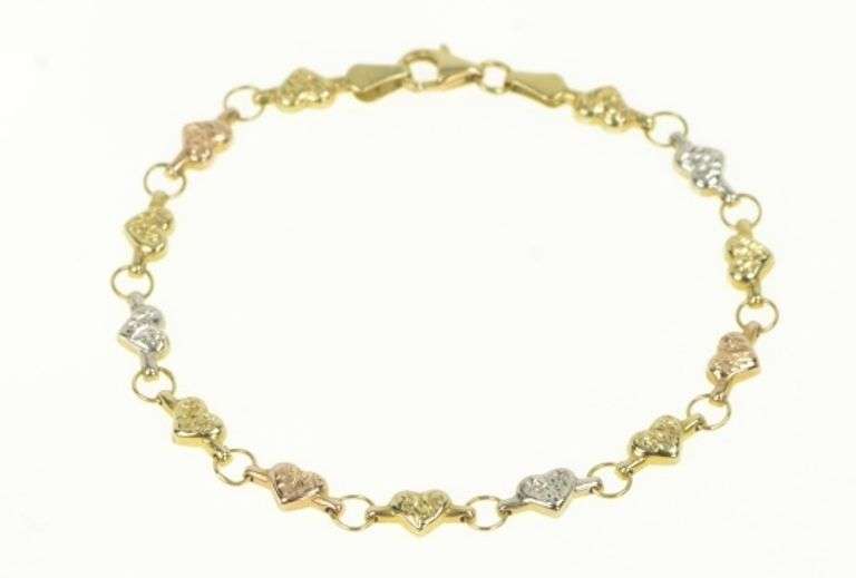 14K Yellow Gold Tri Tone Puffy Heart Link Vintage Tennis Bracelet
