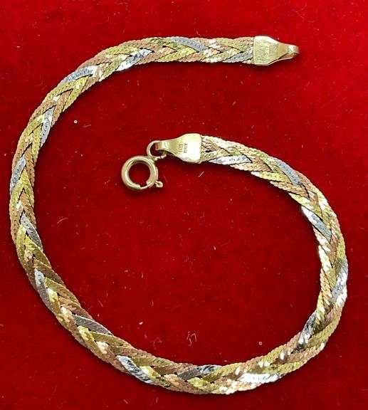 BRAND NEW ITALIAN 14KT SOLID GOLD TRI COLOR TWISTED HERRINGBONE BRACELET