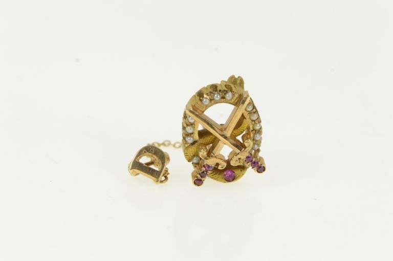 14K Yellow Gold Victorian Crossed Sword Seed Pearl Pin/Brooch