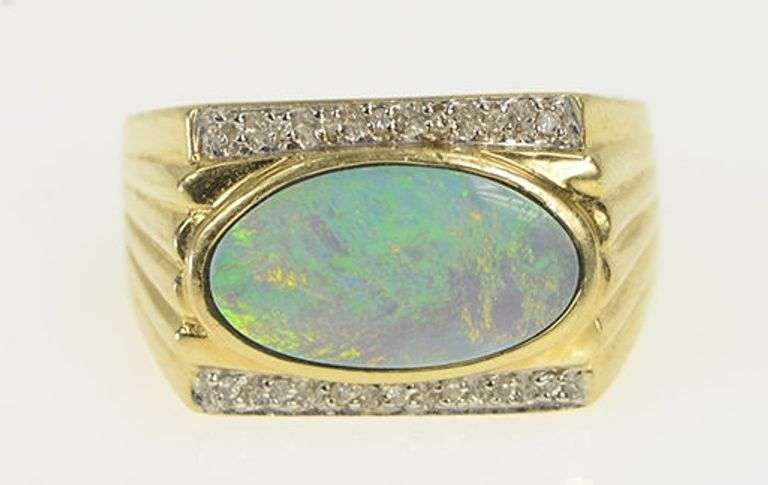 14K Yellow Gold Opal Diamond Squared Vintage Statement Ring
