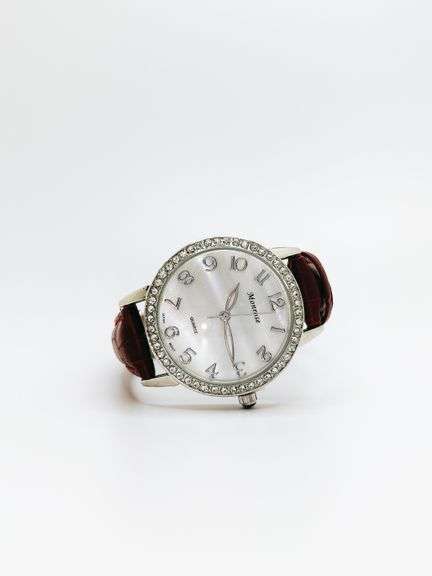 Beautiful Mother of Pearl & Gemstone Watch-Red Genuine Leather Band