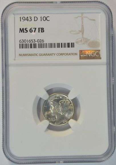 Outstanding NGC MS67 FB graded 1943-D Mercury Dime