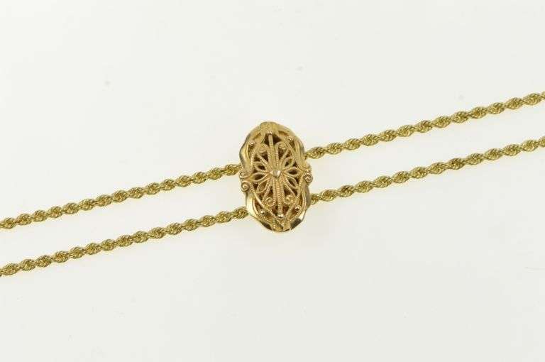 14K Yellow Gold Victorian Filigree Rope Link Slide Charm Bracelet