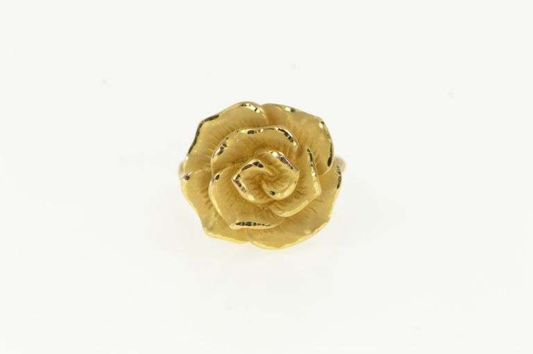 14K Yellow Gold Ornate Puffy Sparkly Rose Flower Statement Ring