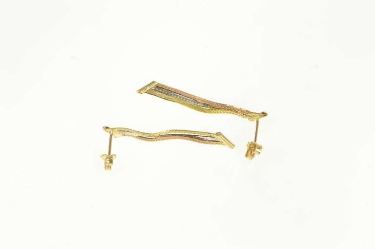 14K Yellow Gold Herringbone Chain Tri Tone Dangle Squared Earrings