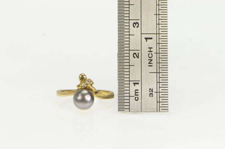 10K Yellow Gold Grey Pearl Diamond Vintage Bypass Ring