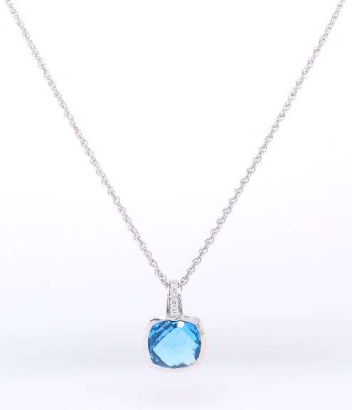 Charming White Gold Blue Topaz and Diamond Pendant on Rope Chain