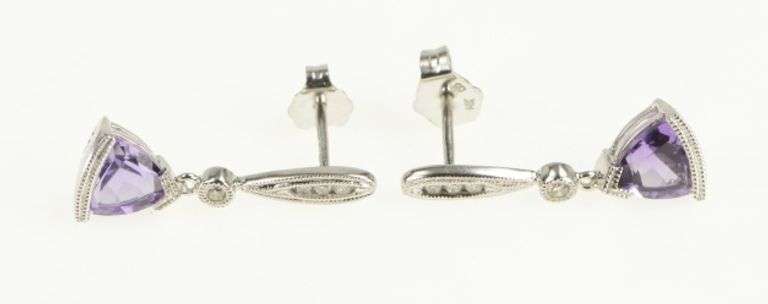 14K White Gold Trillion Amethyst Diamond Ornate Granulated Earrings