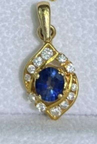 BEAUTIFUL 14KT SOLID YELLOW GOLD, BLUE SAPPHIRE, & DIAMOND PENDANT