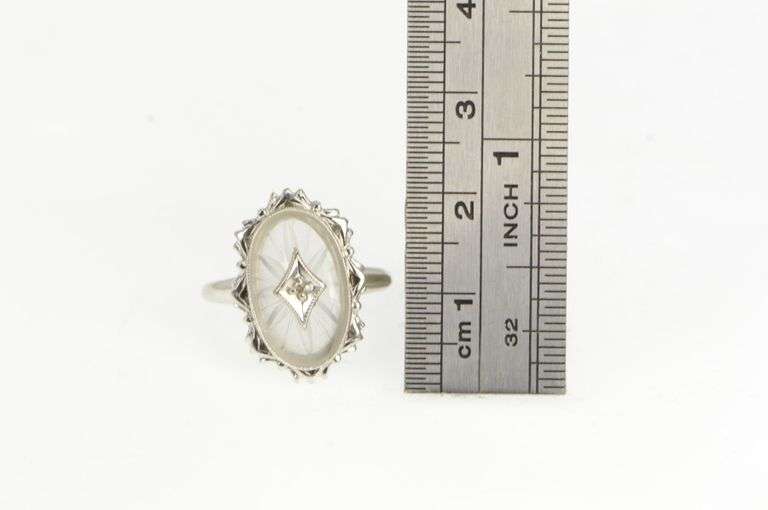 10K White Gold Oval Camphor Glass Diamond Filigree Ornate Ring