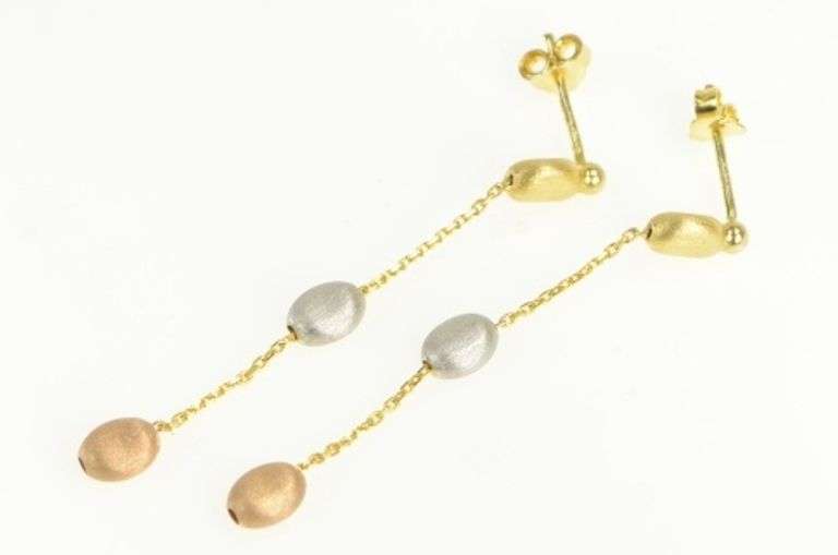 14K Yellow Gold Tri Tone Chain Dangle Drop Vintage Statement Earrings