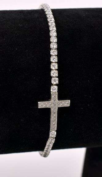 CZ Cross Adjustable Bracelet In Sterling Silver