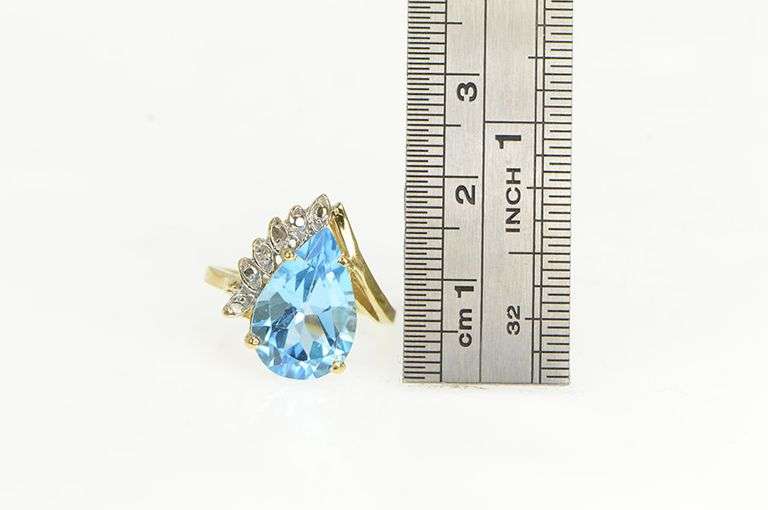 10K Yellow Gold Pear Blue Topaz Diamond Accent Cocktail Ring