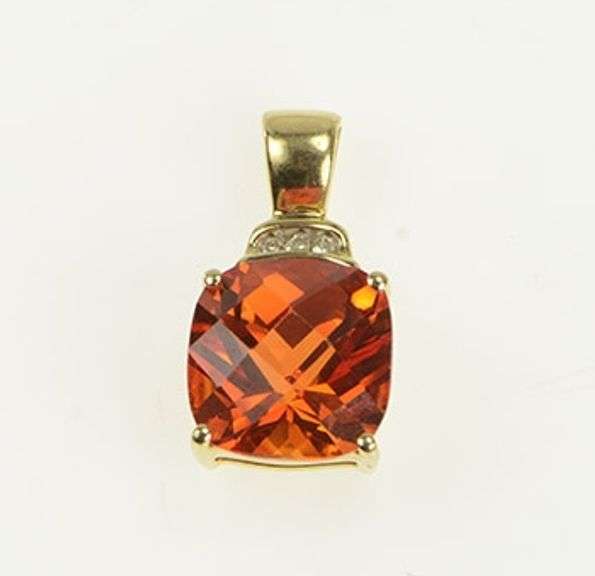 10K Yellow Gold Cushion Cut Faceted Garnet Diamond Accent Pendant