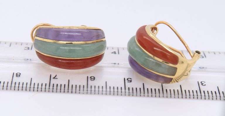 14kt Yellow Gold Green Jade, Coral and Lavender Earrings