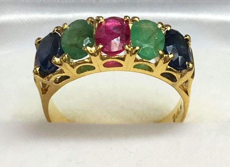 NATURAL RUBY, EMERALD, & BLUE SAPPHIRE GEMSTONE RING- 14KT SOLID YELLOW GOLD