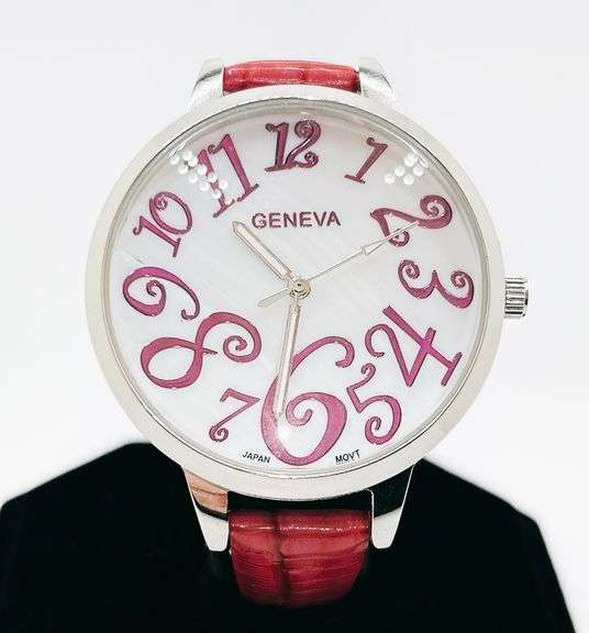 Big Numbers Geneva Watch w/ Mother of Pearl Face & Genuine Leather Strap