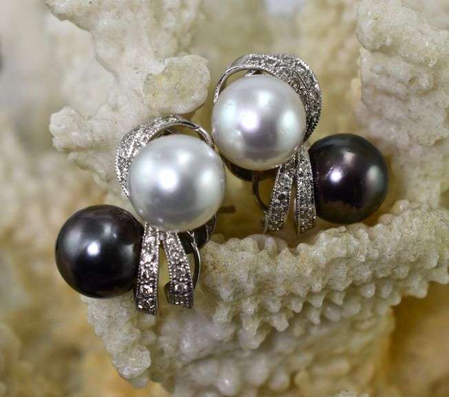 Dramatic Black and White South Sea Pearl 14K Earrings