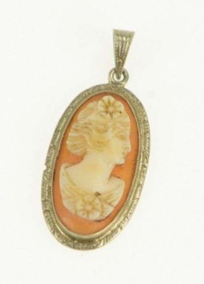 14K White Gold Victorian Carved Shell Cameo Lady Oval Pendant