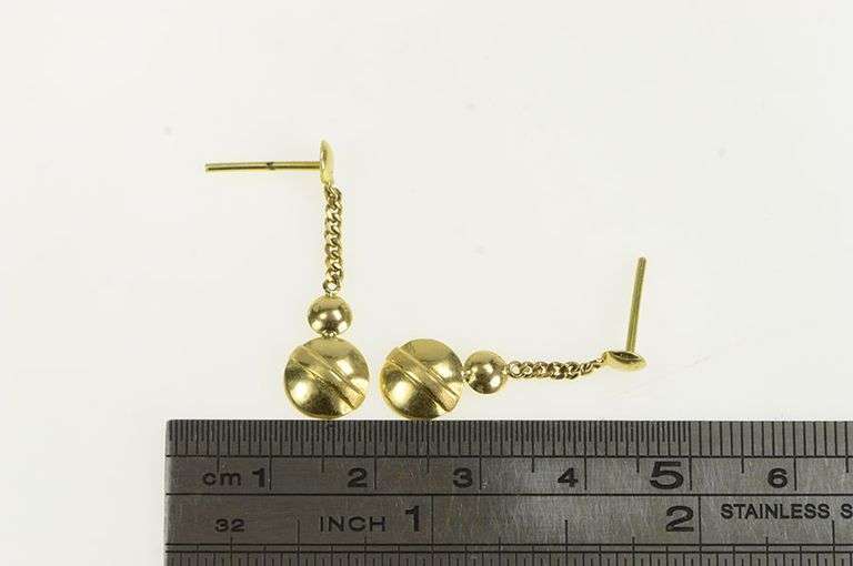 14K Yellow Gold Round Circle Striped Dangle Vintage Statement Earrings