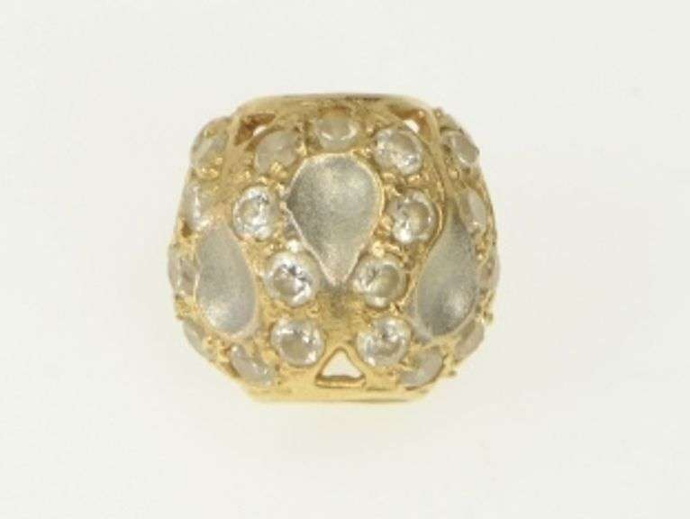 14K Yellow Gold Ornate Wavy Two Tone CZ Encrusted Bead Charm/Pendant