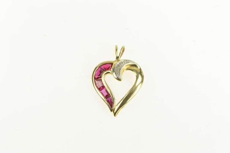 14K Yellow Gold Syn. Ruby Diamond Heart Love Symbol Pendant