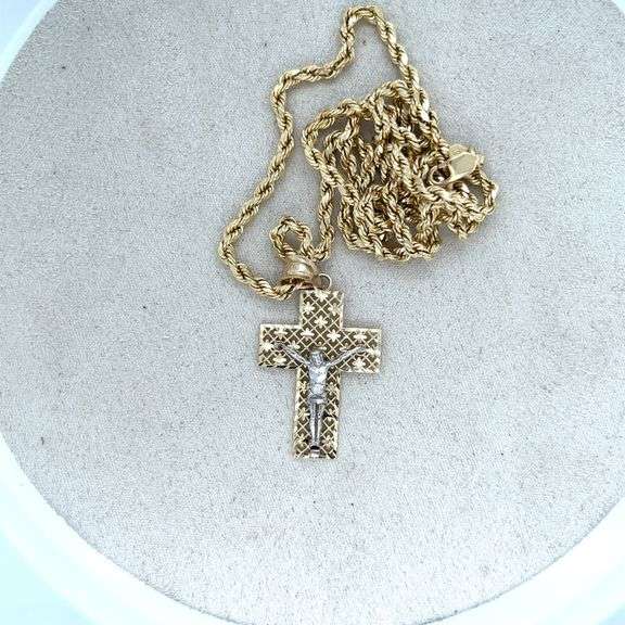 14K TWO - TONE FILIGREE CROSS WITH CHAIN