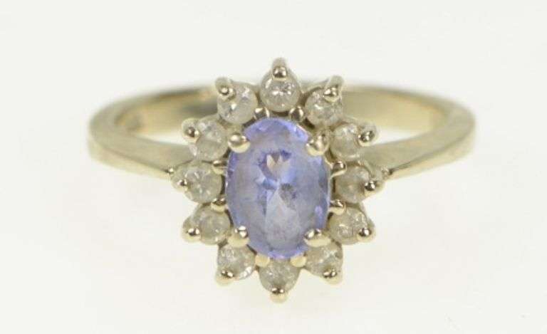 14K White Gold Oval Tanzanite Diamond Halo Engagement Ring