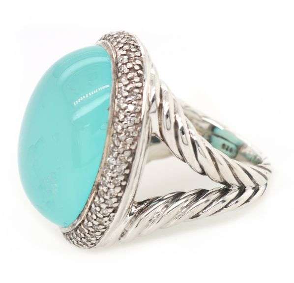 Vintage David Yurman Signature Oval Chalcedony and Diamond Frame Ring in Sterling