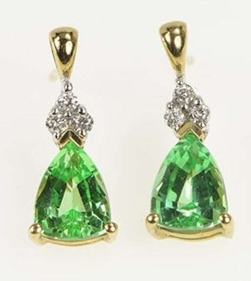 10K Yellow Gold Pear Green Sapphire Diamond Accent Stud Earrings