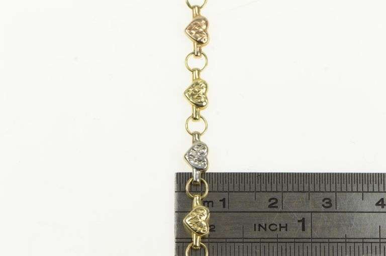 14K Yellow Gold Tri Tone Puffy Heart Link Vintage Tennis Bracelet