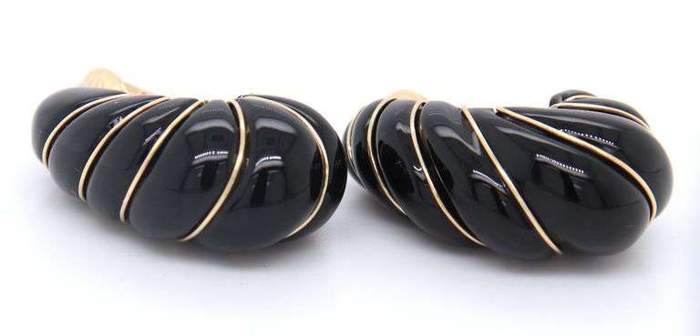 Fancy Yellow Gold Black Onyx and Gold J Hoop Earrings
