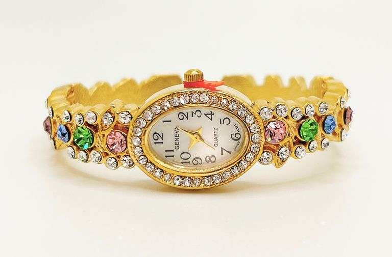 Ladies Geneva & Gemstone Watch, 18kt Yellow GP Cuff
