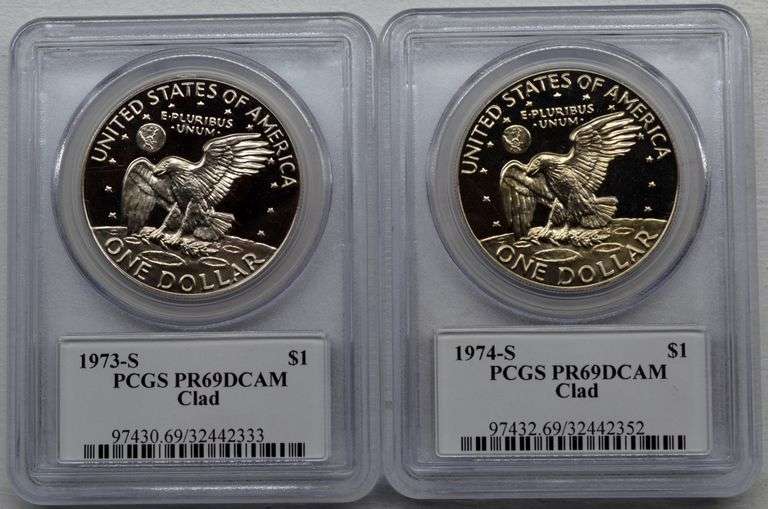 1973-S & 1974-S PCGS PR69 DCAM Clad Eisenhower $1 Proof Dollars (lot of two)