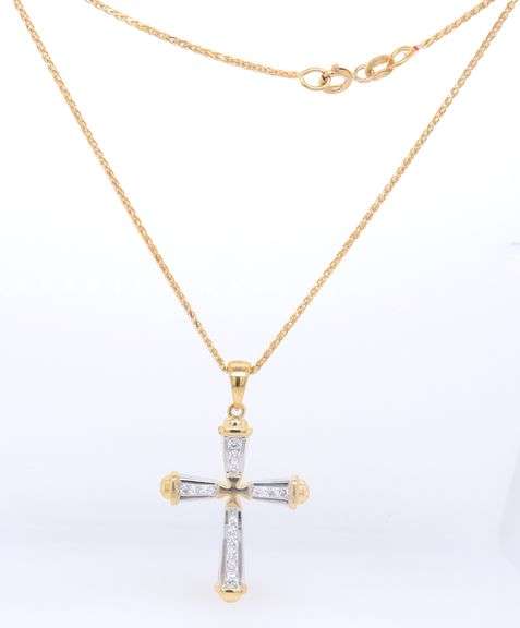 Dazzling Yellow Gold 2 Tone Diamond Cross Pendant on Chain