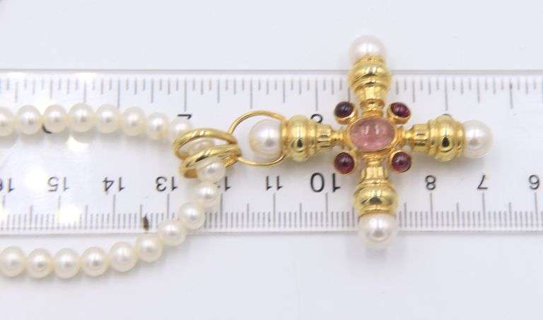 Garnet and Pearl Cross Pendant on Pearl Chain Necklace